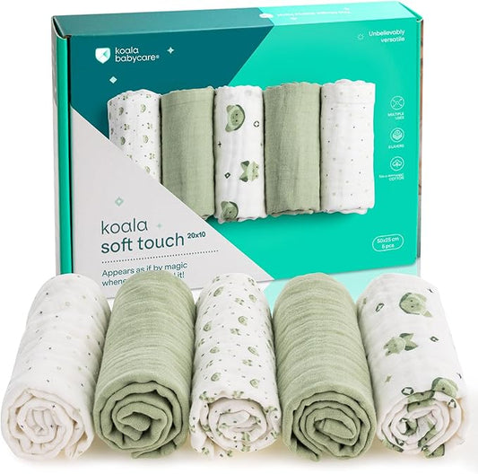 Koala Babycare 5 Pack 20"x10" Organic Burp Cloths for Baby Boys and Girls - GOTS & OEKO-TEX Cotton Burp Rags for Newborns - Absorbent Neutral Burping Cloths for Feeding - Washable Baby Bibs Essentials