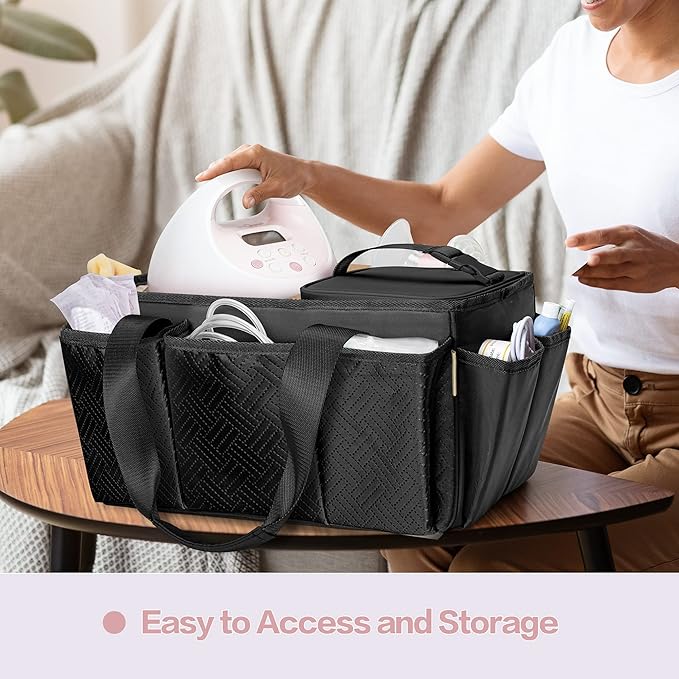 Fasrom Breast Pump Caddy Organizer Bag with Cooler Compatible with Spectra S1 and S2, Pumping Tote Bag Baby Diaper Storage Basket to Hold Pump Parts and Baby Items, Black (Patent Design)