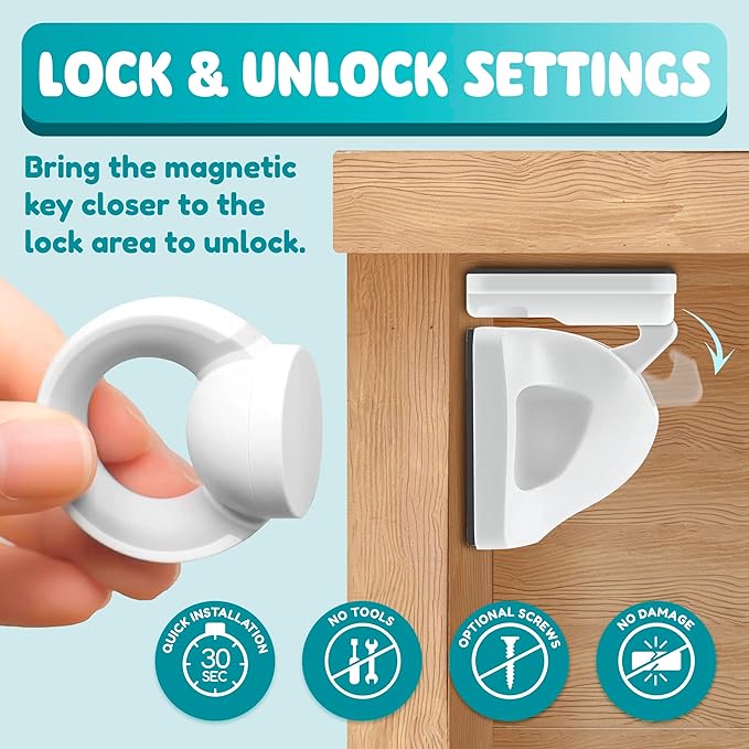Booboo Baby Magnetic Child Safety Cupboard Locks for Children x20 Locks + x1 Key, Baby Proofing for Kitchen, Cabinets and Drawers, 30 Second Install No Drilling 3M Adhesive (20 Pack)