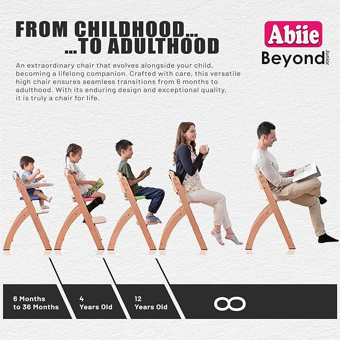 Abiie Beyond Junior Wooden High Chair for Babies and Toddlers - Convertible 3-in-1 Baby Highchair with Removable Tray - 6 Months to 250 Lb - Water Resistant - Natural Wood with Dusty Pink Cushion