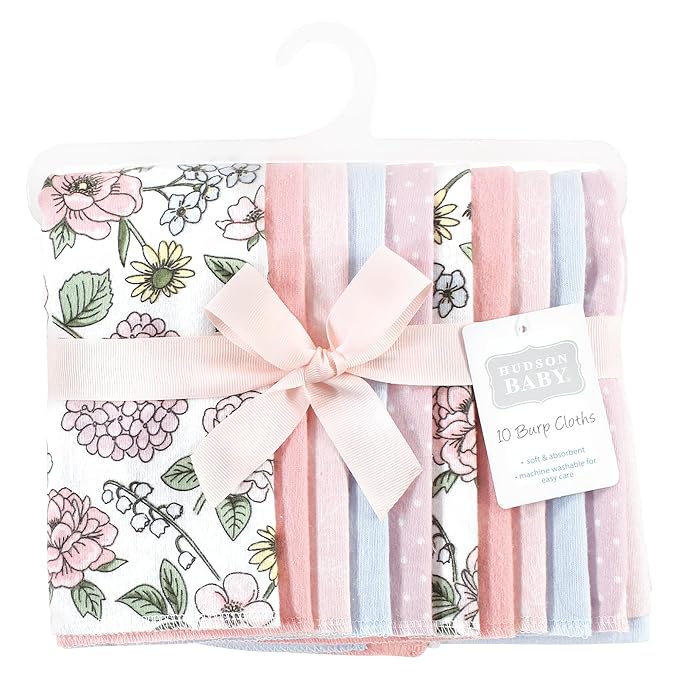 Hudson Baby Unisex Baby Cotton Flannel Burp Cloths, Vintage Blossom 10 Pack, One Size