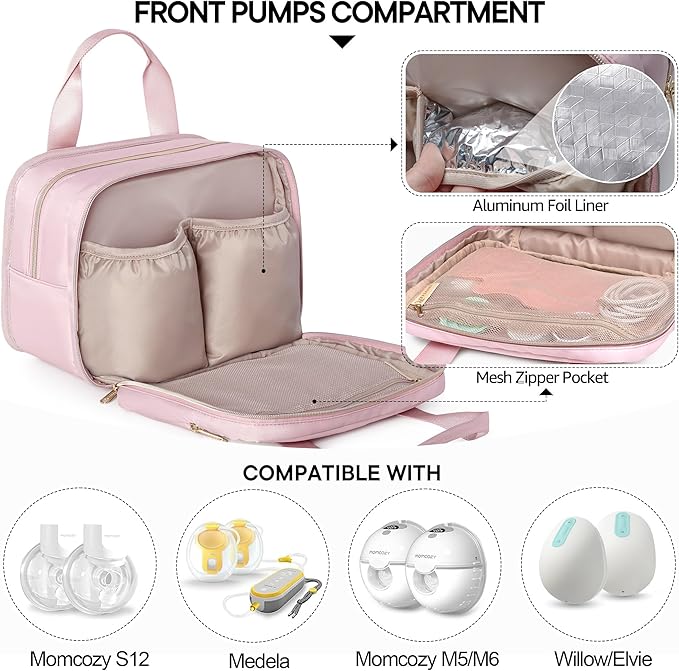 Fasrom Wearable Breast Pump Bag with Cooler and Ice Pack Compatible with Momcozy, Medela and Elvie Pumps, Insulated Pump Carrying Case to Hold Extra Pump Parts, Pink (Patent Design)