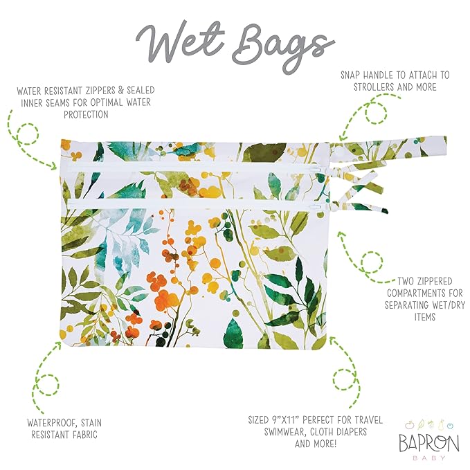 BapronBaby Autumn Leaves Wet Dry Bag - Waterproof Two Zipper Pockets - Reusable for Mealtime, Diapers, Stroller, Snacks, Swimsuits - Machine Washable - 11" x 9"