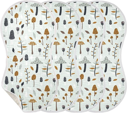 Muslin Burp Cloths for Baby Boys and Girls - 4-Pack Ultra Absorbent Mushroom Muslin Washcloths, Newborn Towel, Milk Spit Up Rags, Burp Cloth Bib for Unisex, 22 x 11 Inch