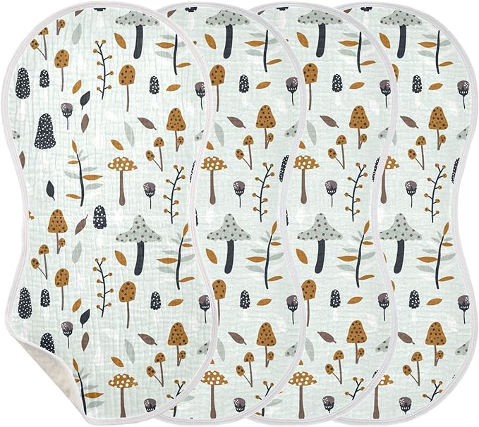 Muslin Burp Cloths for Baby Boys and Girls - 2-Pack Ultra Absorbent Mushroom Muslin Washcloths, Newborn Towel, Milk Spit Up Rags, Burp Cloth Bibs for Unisex, 22 x 11 Inch