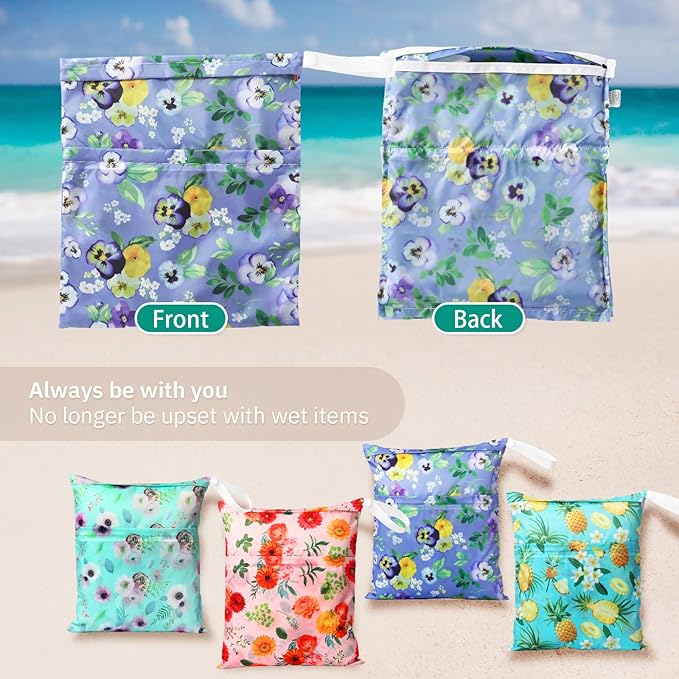 Frienda 4 Pieces Cloth Diaper Wet Dry Bag, Waterproof Reusable Washable Bag for Baby Items and Travel Zippered Pockets with Handle, Beach, Swimsuit, Dirty Gym Clothes and Toiletries(Plant)