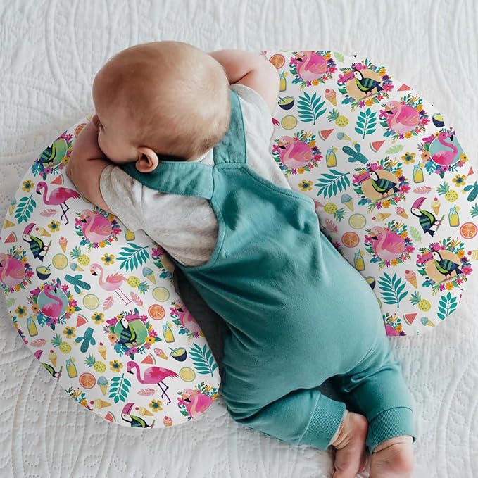 Pink Flamingo Toucan Tropical Fruits Baby Nursing Pillow Covers for Boy Girl Colorful Summer Birds Leaves Nursing Slipcovers for Breastfeeding Pillows Hawaiian Soft Stretchy Cover for Newborn Infant