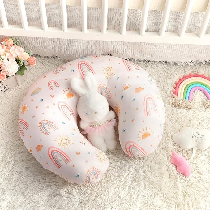 Nursing Pillow Cover 1 Pack, Removable Nursing Pillow Cover for Breastfeeding Pillows, Super Soft Comfortable Slipcover for Boy and Girls, Pink & Sunshine Rainbow
