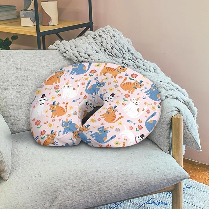 Jeiento Cute Cat Nursing Pillow Cover, Soft Cartoon Kitten Nursing Covers for Breastfeeding Pillows, 1 Pack Reversible Removable Slipcover for Baby Boy Girls,Pink