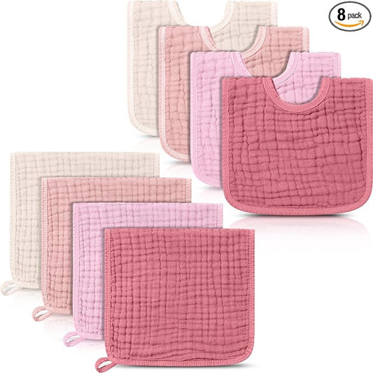 Tallew 8 Pack Muslin Burp Cloths and Baby Bibs for Boy Girl 20" x 10" Cotton Baby Bandana Drool Bibs Muslin Burp Cloths Absorbent Rag for Newborn Toddler Infant Gifts(Dark Rose Color)