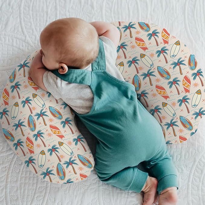 Retro Boho Surfing Baby Nursing Pillow Covers for Boy Girl Summer Surfboards Coconut Palm Trees Sun Nursery Pillowcase for Breastfeeding Pillows Beach Life Soft Stretchy Slipcovers for Newborn Infant