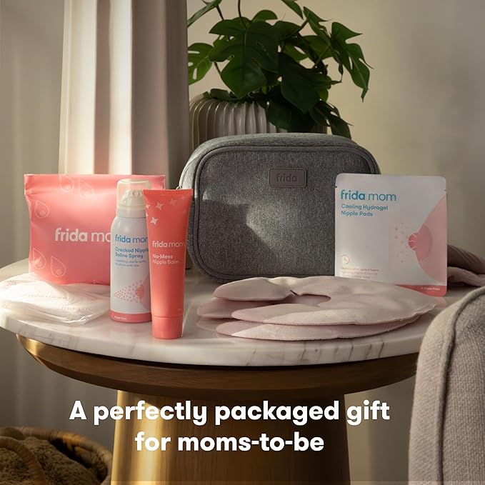 Frida Mom Breastfeeding Survival Kit for Nursing Moms, Reusable Hot+Cold Breast Relief Packs, Hydrogel Nipple Pads, Cracked Nipple Saline Spray, Nipple Balm, Nursing Pads, 13 Piece Gift Set