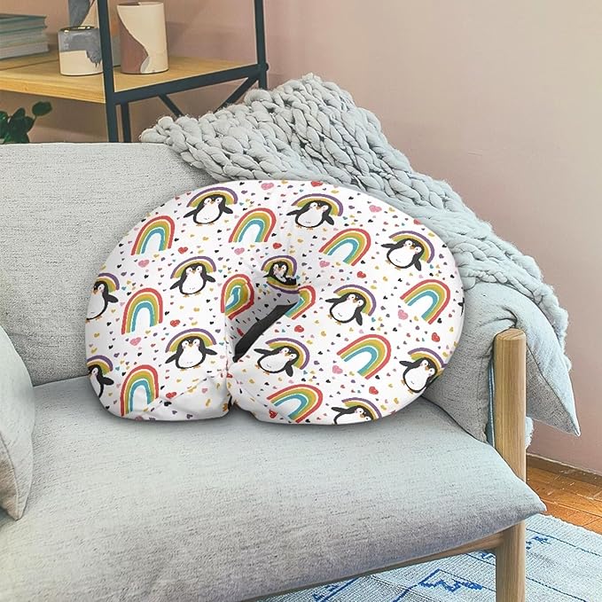 Rainbow and Penguin Nursing Pillow Cover Stretchy Removable Cover for Breastfeeding Pillows, Ultra Soft Comfortable Slipcover for Baby Girl and Boy