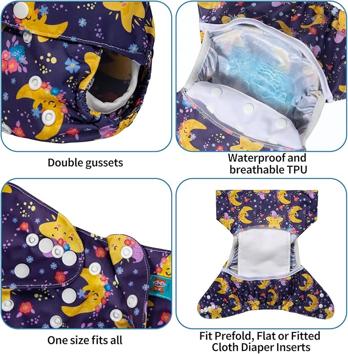 ALVABABY 6pcs Cloth Diaper Covers &1 Wet Dry Bag, Washable Reusable Cloth Diaper Shell for Prefold with Multi-Functional Bag, Flat or Fitted Nappy Inserts