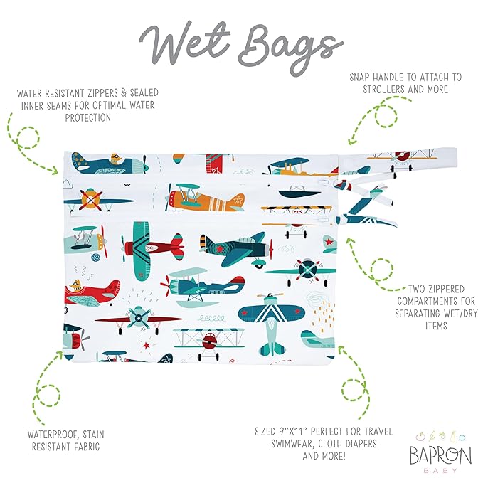 BapronBaby Retro Airplanes Wet Dry Bag - Waterproof Two Zipper Pockets - Reusable for Mealtime, Diapers, Stroller, Snacks, Swimsuits - Machine Washable - 11" x 9"