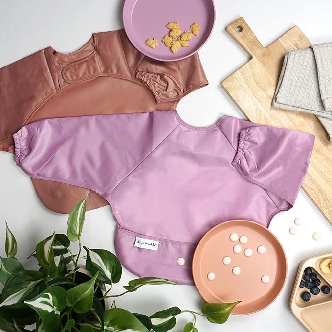 Tiny Twinkle Long Sleeve Bib for Babies & Toddlers | 2-Pack Waterproof Smock Bib for Eating | Machine Washable & Mess-Proof Feeding Essentials | Newborn Shower Gift (Taupe Lilac,2-4Y)