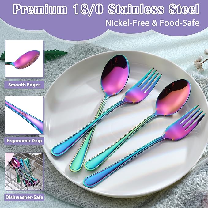 E-far 12-Piece Toddler Silverware, Stainless Steel Kids Utensils Forks and Spoons, Children Safe Mirror Polished Metal Cutlery Set for Self Feeding, 6 Forks & 6 Spoons(Rainbow)
