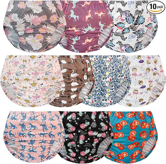 EZ Moms 10 Pack Diaper Covers For Girls Plastic Underwear For Toddlers Comfortable Rubber Pants For Toddlers Reusable Cloth Diaper Cover Breathable Plastic Underwear Covers For Potty Training Girls 6T