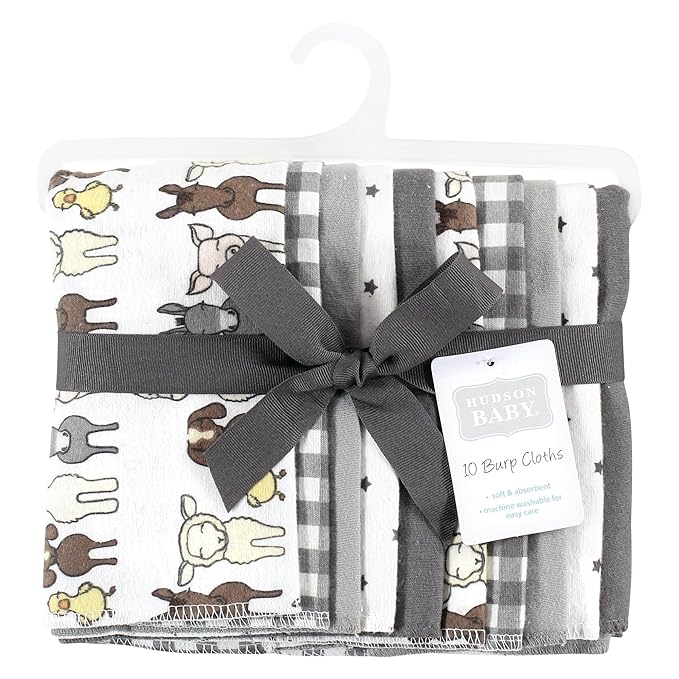 Hudson Baby Unisex Baby Cotton Flannel Burp Cloths 10-Pack, Farm Friends Grey, One Size