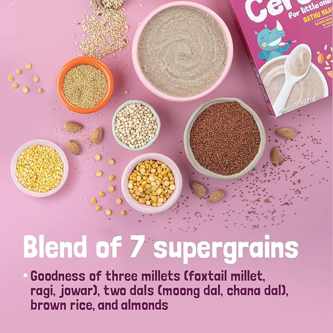 Slurrp Farm Sathu Maavu Baby Cereal | Wholesome Multigrain Mix with Almonds, Lentils & Millets | No Added Sugar or Milk | Easy to Cook & Digest | 7.05 Oz (200g)