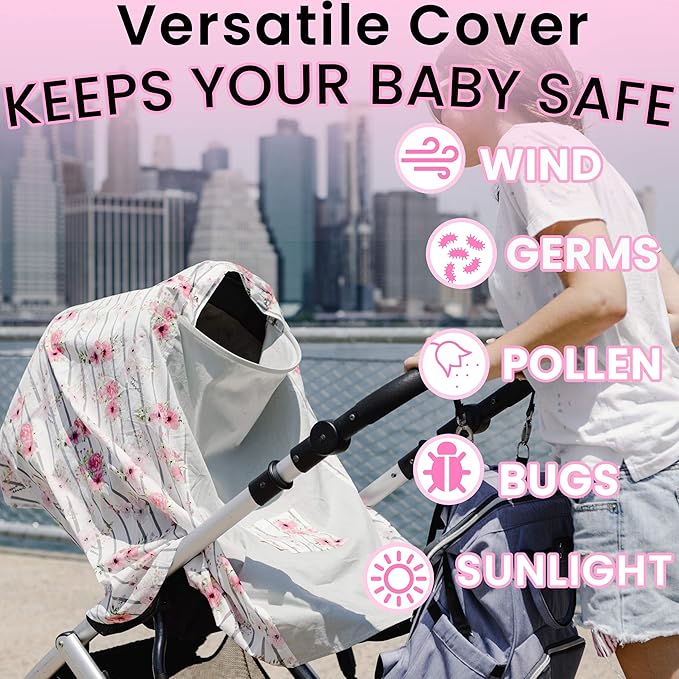 Nursing and Breastfeeding Poncho Patent Pending 360 Full Coverage Wired Nursing Cover and Apron - Breathable, Soft Cotton Carseat, Stroller Canopy Multifunctional Baby Shower Gifts (Pink Floral)