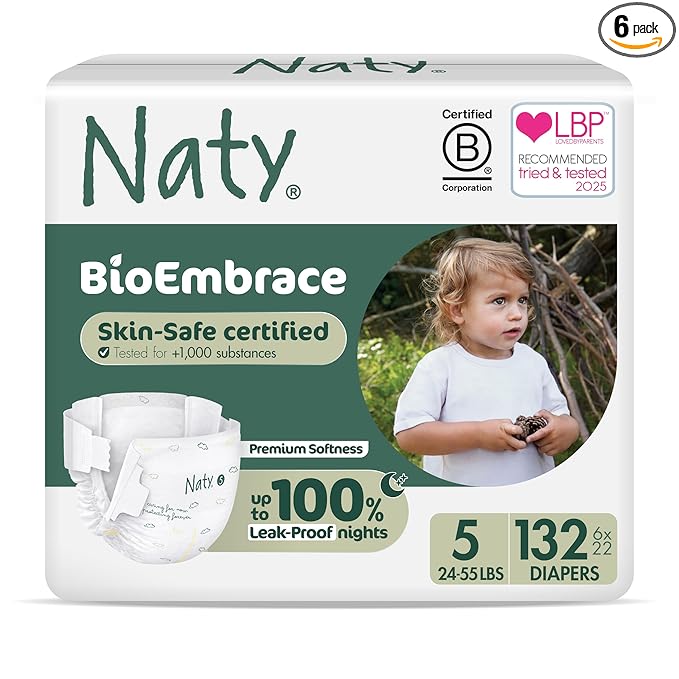 Naty BioEmbrace Baby Diapers | Sensitive Skin Safe Certified | Leak Protection up to 100% | Plant-Based Softness, Premium Comfort | Chlorine-Free | Size 5 (24–55 lbs), 132 Count