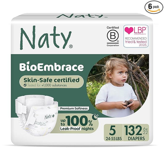 Naty BioEmbrace Baby Diapers | Sensitive Skin Safe Certified | Leak Protection up to 100% | Plant-Based Softness, Premium Comfort | Chlorine-Free | Size 5 (24–55 lbs), 132 Count