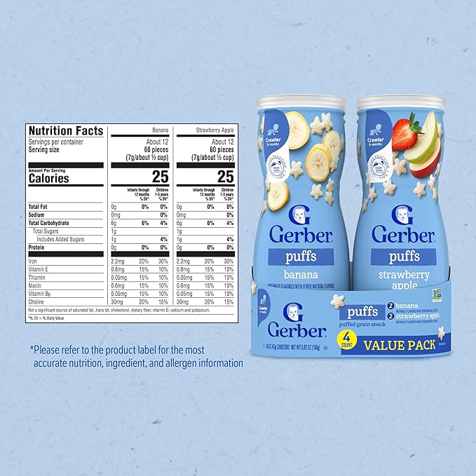 Gerber Baby Snacks Puffs Variety Pack, Banana & Strawberry Apple, 1.48 Ounce - 2 count of four packs, Package may vary, 1.48 Ounce (Pack of 8)