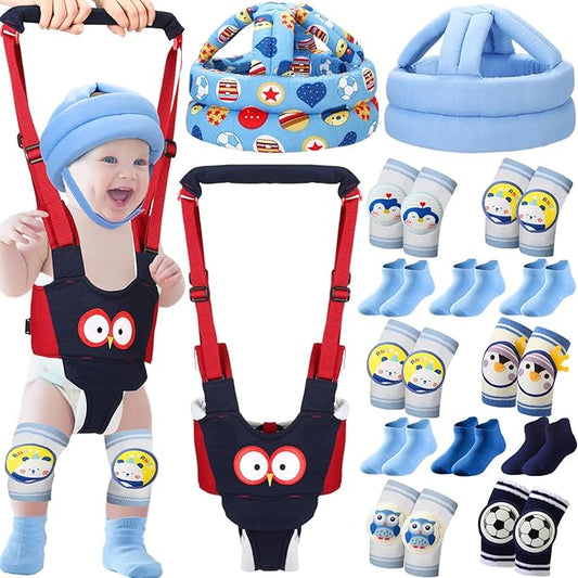 Panitay 15 Pcs Baby Safety Helmet Infant Walking Harness with Anti Slip Knee Pads for Crawling Toddler Socks 2 No Bumps Baby Head Protector Adjustable Walking Assistant(Blue,Owl)