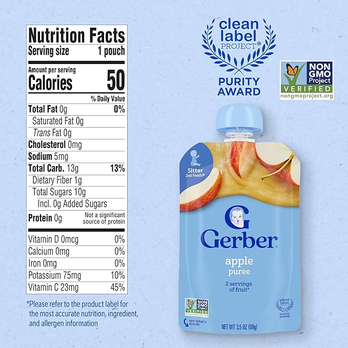 Gerber Baby Food Pouches, 2nd Foods for Babies, Apple, 3.5oz each (Pack of 12)