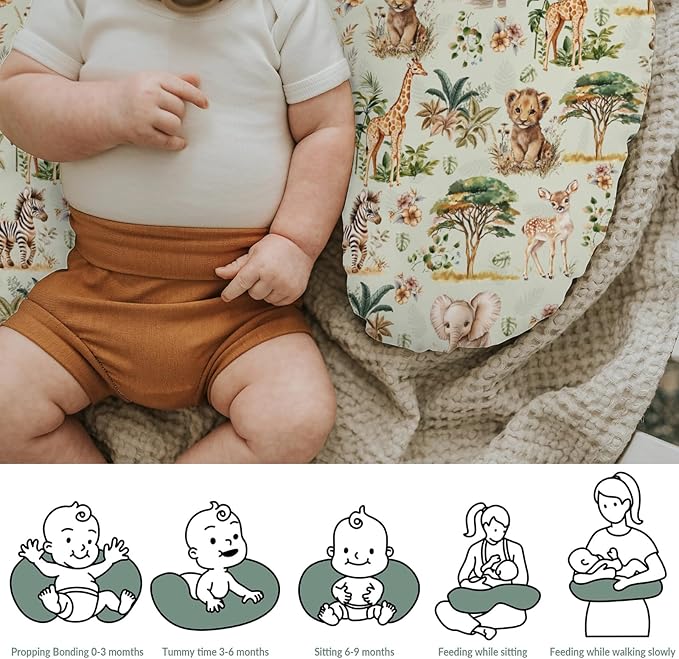Safari Jungle Animals Baby Nursing Pillow Covers for Boy Girl Lion Zebra Monkey Giraffe Elephant Trees Nursing Slipcovers for Breastfeeding Pillows African Animal Soft Stretchy Cover for Newborn