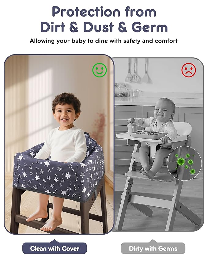 Baby High Chair Cover Restaurant with Strap Pads & 3-Point Harness, Machine Washable, Waterproof Portable Highchair Covers for Eating, Travel, Home Use - Fits Wooden Chairs, Grey Stars