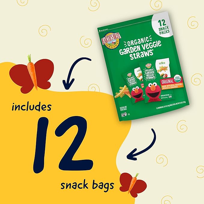 Earth's Best Organic Kids Snacks, Sesame Street Toddler Snacks, Organic Garden Veggie Straws for Toddlers 2 Years and Older, Original, Multipack, .5 oz Bags, 12 Count (Pack of 2)