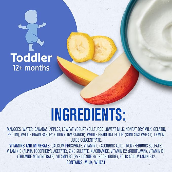Gerber Toddler Food, Baby Food Pouches for Toddlers, Mango Banana Apple, Fruit Puree, Yogurt & Whole Grains, Fiber Helps Support Healthy Digestion, No Artificial Flavors, 3.5oz each (Pack of 12)