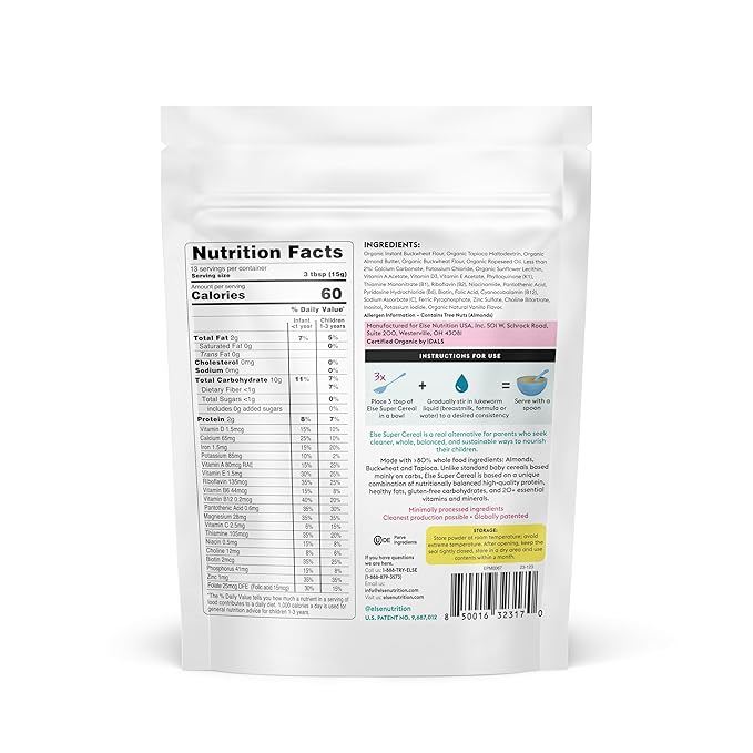 Else Nutrition Super Cereal For Babies 6 mo+, Made With Real Whole Plants for a Nutritionally Balanced meal, with gluten free carbs and plant protein (Vanilla, 6 Pack)