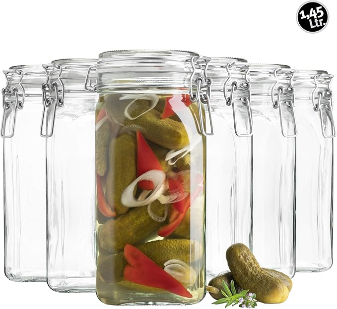 MÄSER, Gothika Series, 6 x 1.45 litres Medium Storage Glasses with Swing Top, Edged Gherkin Clip Top Glass Jars