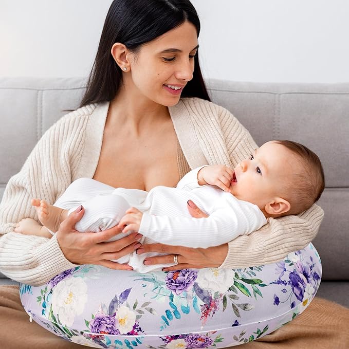 Floral Nursing Pillow Cover, Soft Breastfeeding Pillow Cover Purple, Removable Nursing Covers for Breastfeeding Pillows, Comfortable Slipcover for Baby Girl (Only Case)