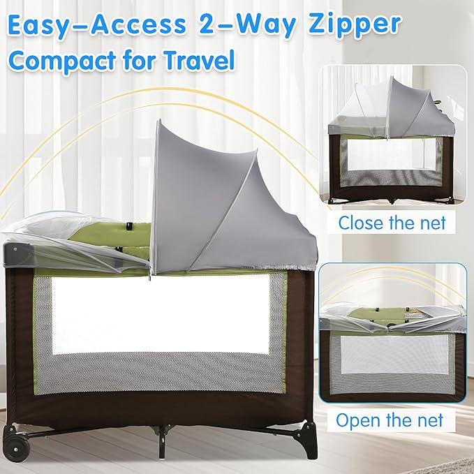 Pack N Play Tent Cover - Light-Blocking Mosquito Net with Two-Way Zipper Portable Bassinet Canopy to Keep Cats Out Bedside Bassinet Insect-Proof Cover, Gray-Large