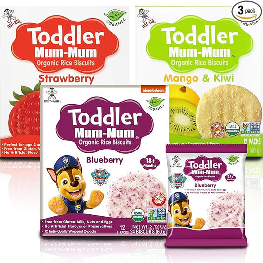 Toddler Mum-Mum Organic Rice Biscuits, Blueberry, Strawberry, Mango & Kiwi Variety Pack | 24 Count (Pack of 3) | Gluten Free, Allergen Free, Non-GMO | Toddler Snacks, Rice Rusk Crackers