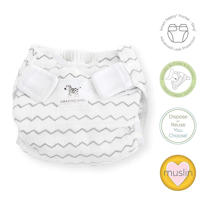 Amazing Baby Hybrid Cloth Diaper Cover with Pocket-Sling, Newborn, Sz 1 (5-10 lbs), Use with Boosties Inserts, Gray Mini Chevron, SmartNappy Set includes Muslin Cover + Bi-fold Insert + Booster Pad