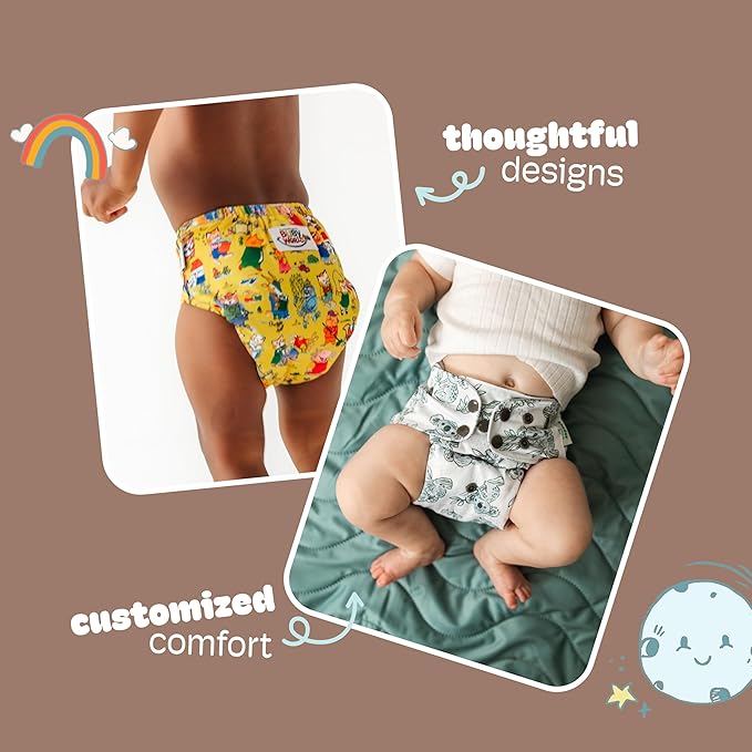 Kinder Cloth Diapers Reusable Baby Diapers Pocket Style Athletic Wicking Jersey, Wet Bag, Newborn to Potty Training 7-60lbs, One Size, Inserts NOT Included (Safari Friends, 5 Pack, Without Inserts)