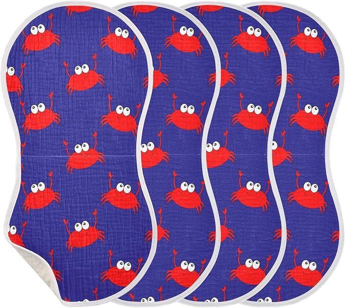 Fun Crab Muslin Burp Cloths for Baby Boys and Girls - 4-Pack Ultra Absorbent Muslin Washcloths, Newborn Towel, Milk Spit Up Rags, Burp Cloth Bib for Unisex, 22 x 11 Inch