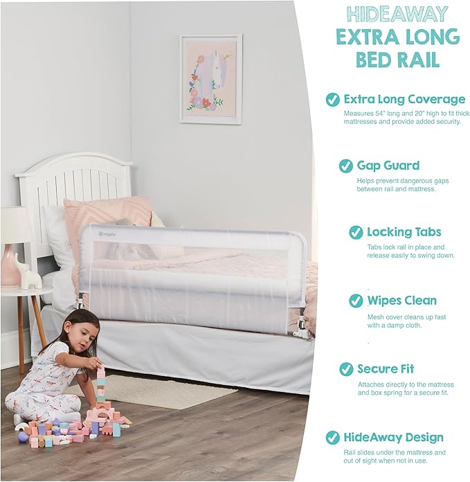 Regalo Safety 54” Extra Long Hideaway Bed Rail Guard for Toddlers, Toddler Bed Rail with Reinforced Anchor Safety System, 20” Tall Bed Safety Rail, Fits Twin, Full & Queen Beds