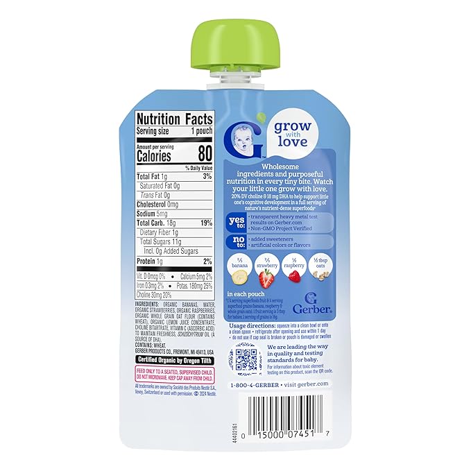 Gerber Organic 2nd Foods, Bananas, Red Berries & Granola Pureed Baby Food, 3.5 Ounce Pouch, 12 count