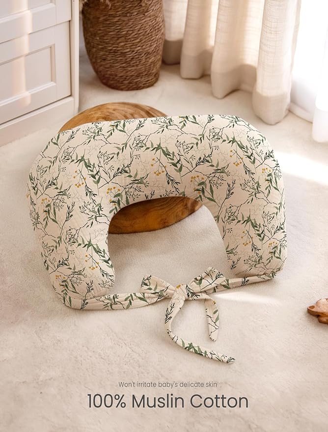 lulumoon Muslin Nursing Pillow Covers - 2-Pack Soft Cotton Slipcovers for Breastfeeding & Bottle-Feeding - Extension Strap for Snug Fit & No Sliding - Hidden Zipper Safety for Newborn Baby