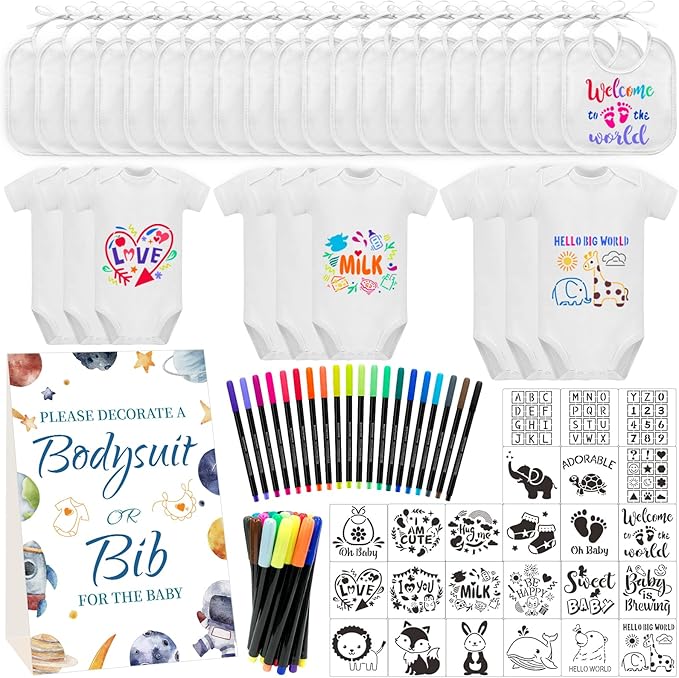 Bibs Bodysuits Baby Shower Game Sign Set Newborn Onesies Feeder Gift Fabric Marker Stencils Kit