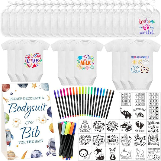 Bibs Bodysuits Baby Shower Game Sign Set Newborn Onesies Feeder Gift Fabric Marker Stencils Kit