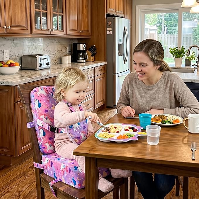 Toddler Booster Seat for Dining Table & Kitchen Chair with Backrest & 5-Point Harness - Portable Kids Booster Seat, Waterproof & Easy to Clean, Adjustable, Non-Slip, Lightweight (Pink Horse)