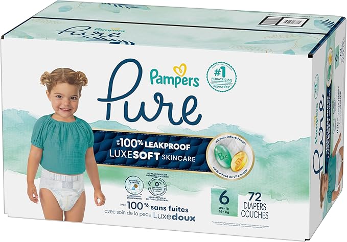 Pampers Baby Diapers - Pure Protection - Size 6, 72 Count, for up to 100% Leakproof, Premium Plant-based Skin Protection