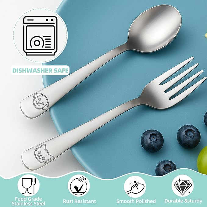 LOCONHA Stainless Steel Toddler Utensils Set - 14 Pcs Kids Silverware, Safe Food Grade, Mirror Polished, Dishwasher Safe, Perfect for Little Hands, Trendy & Durable. ﻿